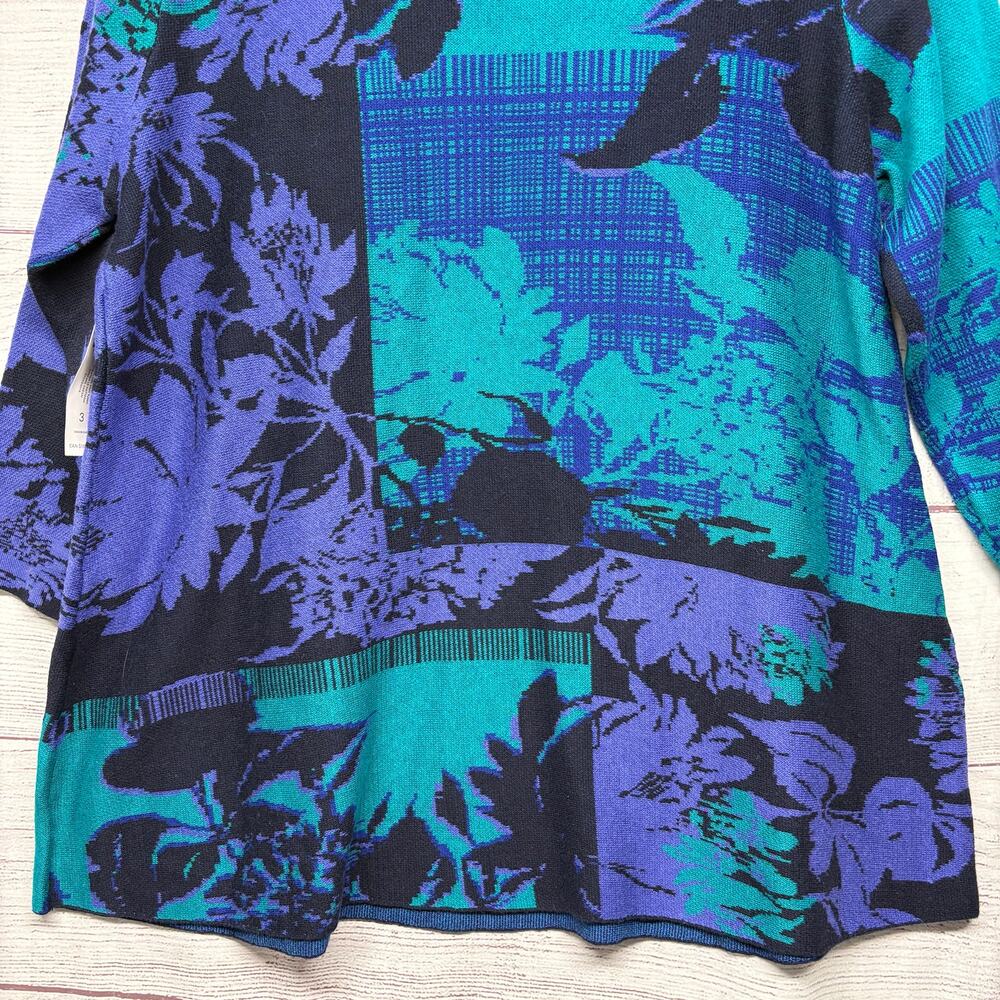 NWT Chico's size 3 (XL/16) Blue Teal Floral Print Knit Tunic Sweater 3/4 Sleeve - Picture 9 of 9